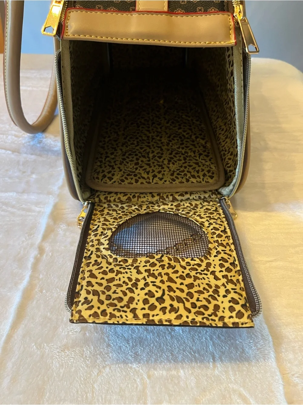 Brand new, never used Brown & Beige Patterned Pet Carrier Tote with Red Trim